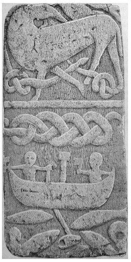 Gosforth-Stein mit der Darstellung von Thor und Jormungand (nordische Drachen)